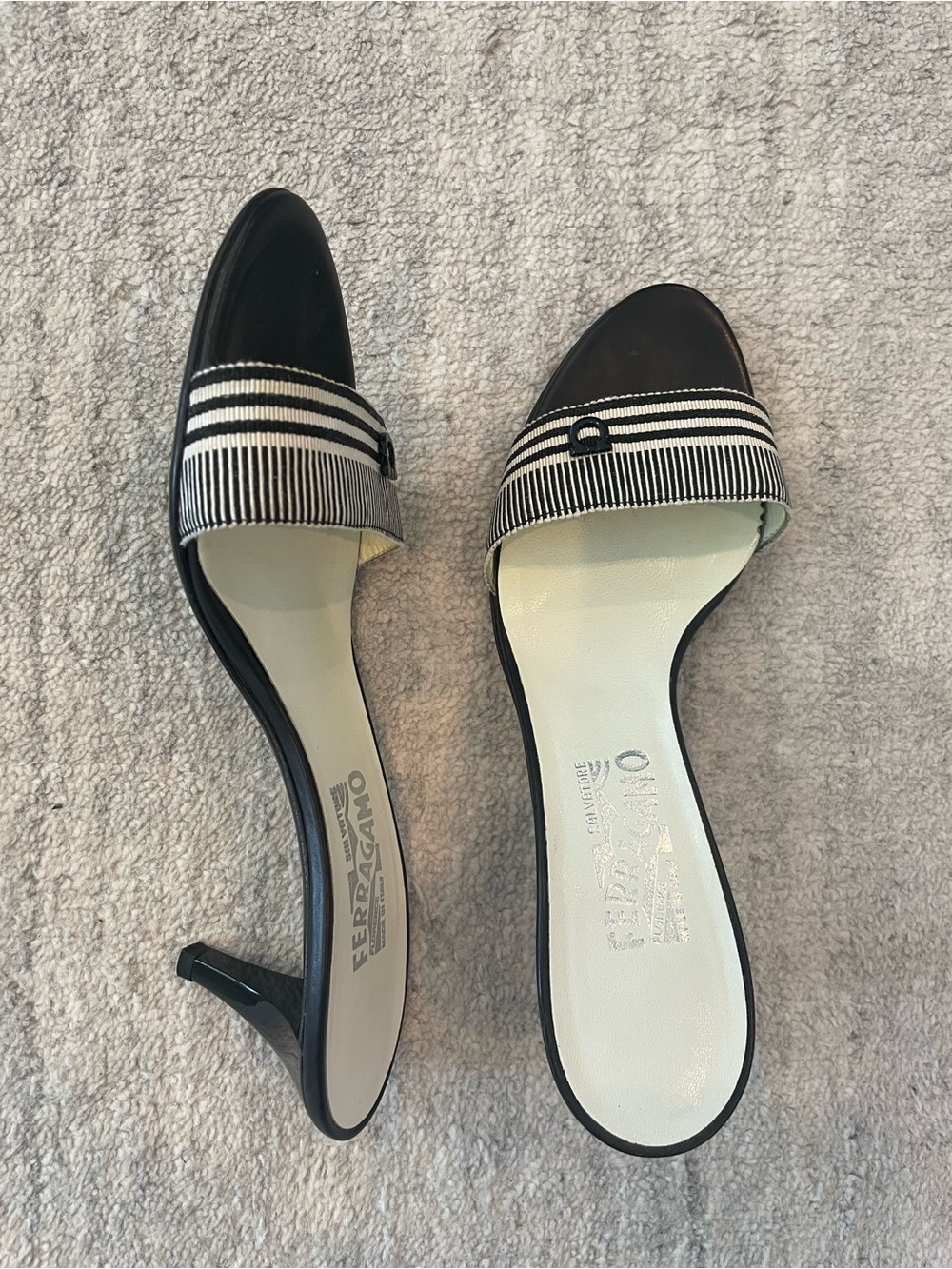 Salvatore Ferragamo Black and White Striped Slide Mules